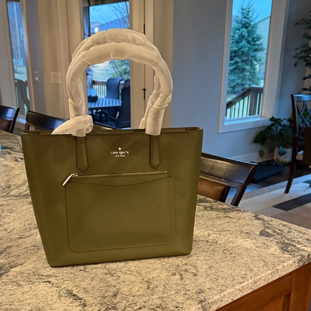 kate spade olive green tote with front zip pocket